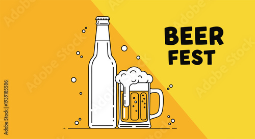 Outline illustration of a beer bottle and a full glass of beer with foam and bubbles on a bright yellow background.