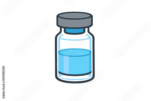 Vial with blue liquid on a white background during a medical or