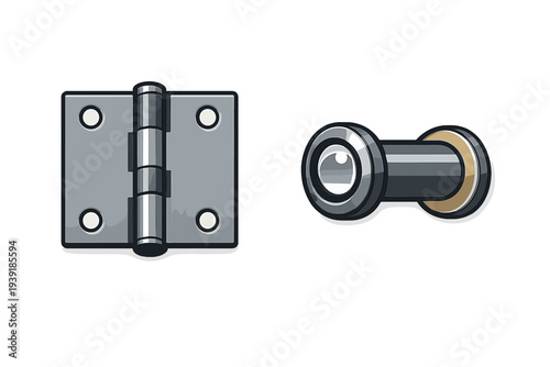 Different types of hardware for doors and gates including a hinge and