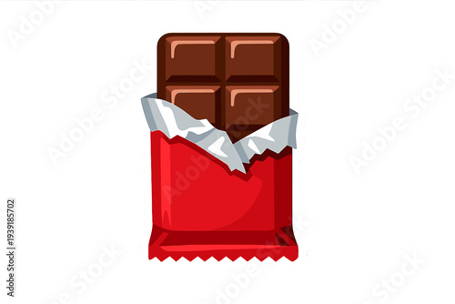 Chocolate bar unwrapped on white background showing brown chocolate