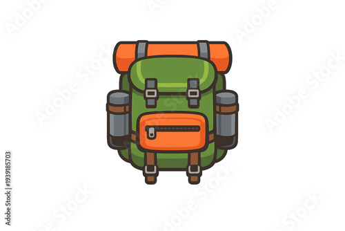 Green and orange backpack with side pockets ready for travel or