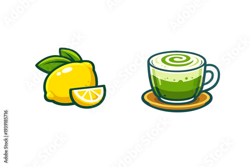Lemon and green tea drink arranged on simple white background during