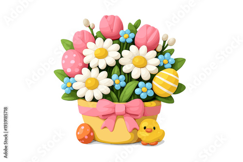 Colorful flower arrangement with Easter eggs and a yellow chick in a