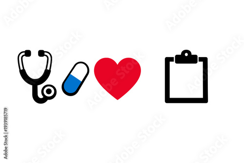 Health symbols including stethoscope pill heart and clipboard