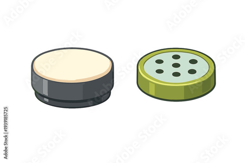Two round objects with smooth surfaces one white and one green placed