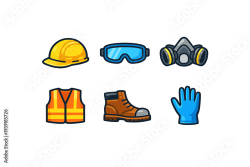 Safety gear for construction workers including hard hats goggles