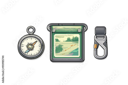 Travel tools include a compass a photo holder with a landscape and a