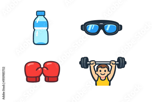 Fitness activities with water bottle sports glasses boxing gloves and