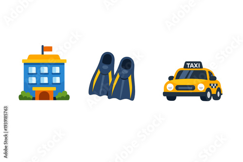 Hotel with flippers and taxi as symbols of beach vacation in a coastal