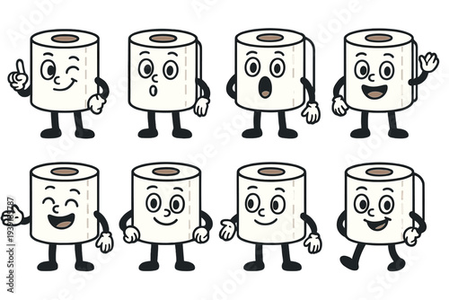 Cartoon characters of toilet paper rolls showing different expressions