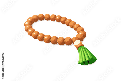 Toy made of wooden beads and a green tassel for play and learning