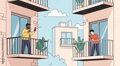 Neighbors standing on their respective balconies in different apartment buildings communicating with each other using their phones.