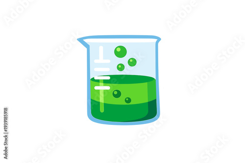 Green liquid in a clear beaker with bubbles shows a science activity