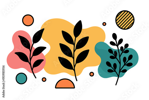Colorful plants and shapes create a modern design in a flat style on a
