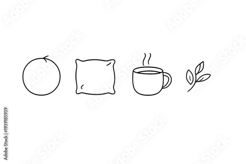 Simple line drawings of an orange a pillow a cup of coffee and a sprig