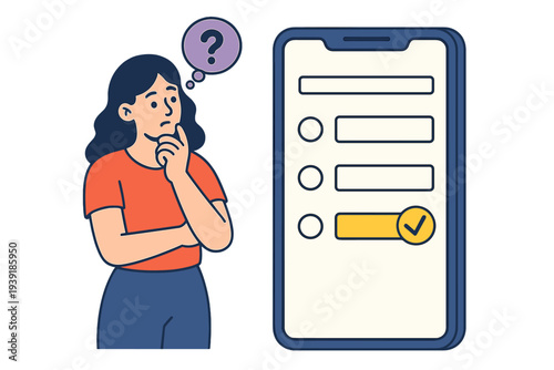 Woman thinking while looking at a mobile phone with a checklist during