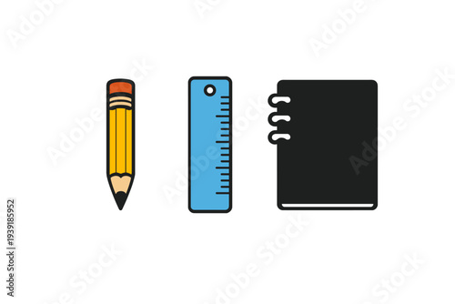 Various school supplies including a pencil a ruler and a notebook on a