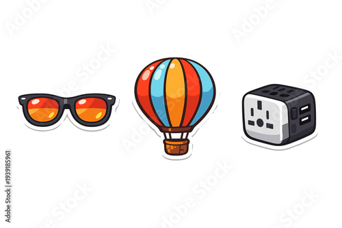 Colorful hot air balloon with sunglasses and a power outlet near each
