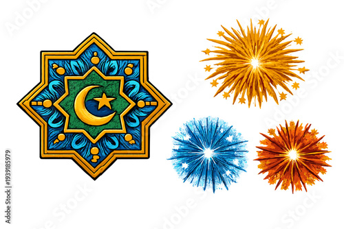 Design of a star and crescent symbol with colorful fireworks arranged