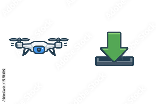 Drone flying above the ground next to a download symbol in a simple