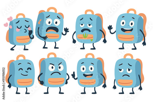 Cartoon backpacks show different emotions and expressions in various