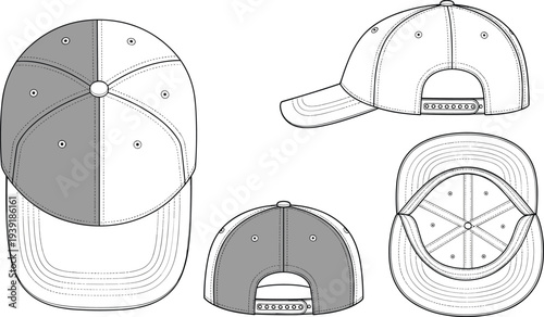 Baseball cap design template with multiple views including front, side, back and top, detailed headwear mockup vector illustration