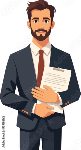 uomo vestito giacca e cravatta con documenti in mano assistente ufficio segretario del lavoro vettoriale