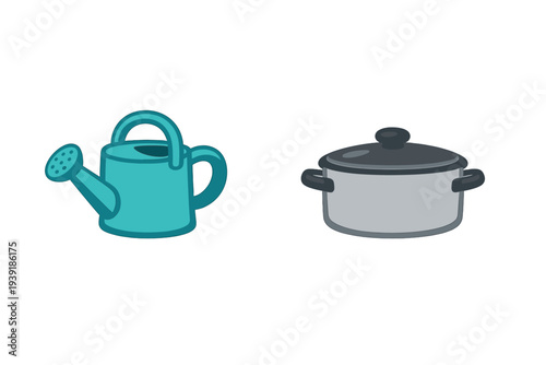 Watering can and cooking pot placed side by side on a plain background