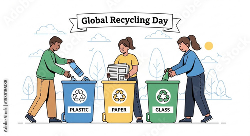 People recycling on global recycling day with plastic paper and glass bins