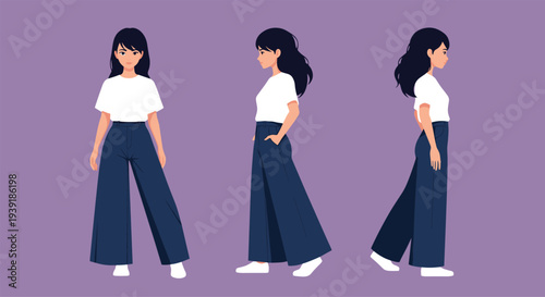 Three different poses and views of a stylish young woman wearing a white t-shirt and dark blue wide-leg trousers.