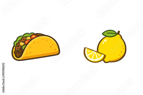 Taco and lemon next to each other on a white background during a food
