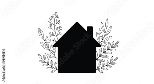 Striking black silhouette of a simple house framed by intricate white line drawings of delicate leaves and branches.