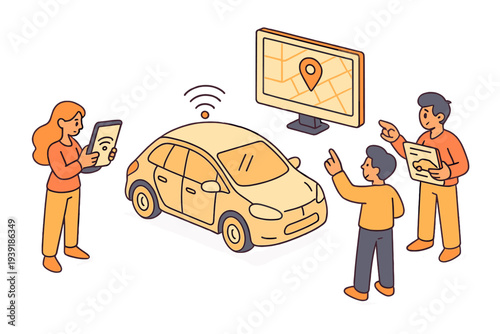Group of people discussing a new connected car technology with a