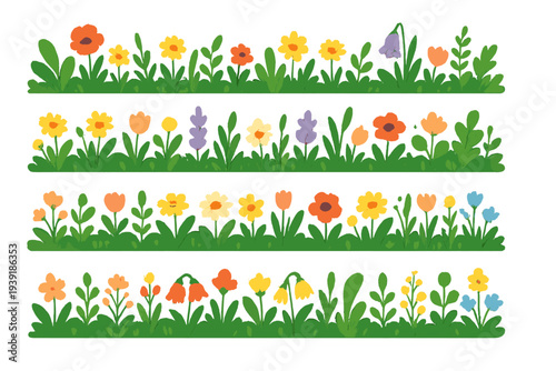 Bright flowers in colorful patterns lined up in a simple design for