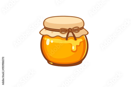 Honey jar filled with golden honey on a white background next to a lid