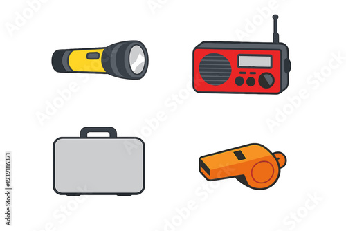 Set of tools including flashlight radio suitcase and whistle for