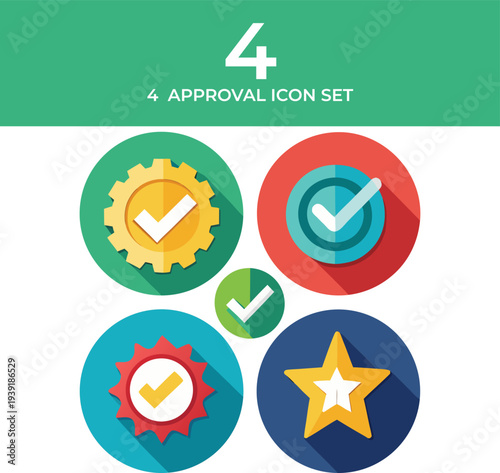 Approval and Verification Flat Icon Set with Check Mark, Badge and Star