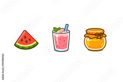 Refreshing treats with watermelon a smoothie and honey on a clean