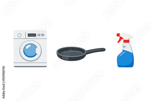 Cleaning tools shown with washing machine frying pan and spray bottle