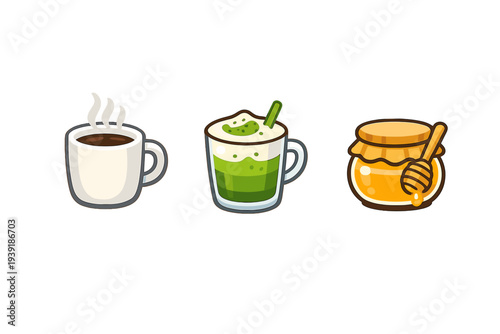 Different types of beverages on a table with coffee matcha and honey