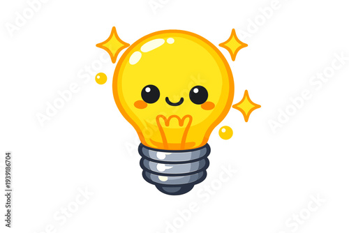 Yellow light bulb character with a happy face and sparkles suitable