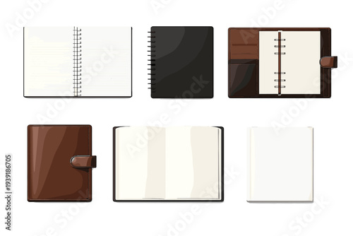 Collection of blank notebooks and planners on a white background