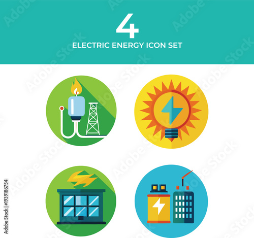 Electric Energy Flat Icon Set with Solar Power, Battery, Power Plant and Electricity