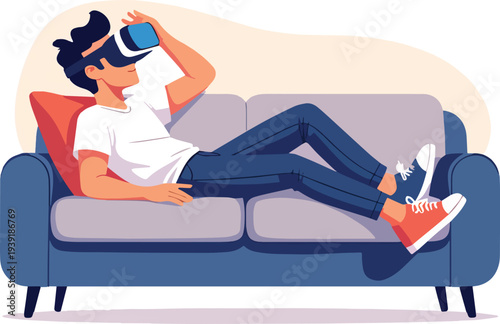 ragazzo con visore VR con vestiti multicolori, sdraiato sopra il divano di casa ufficio vettoriale