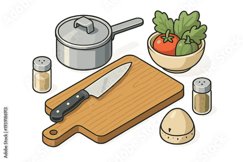 Preparing vegetables for cooking with a knife pot and seasonings on a