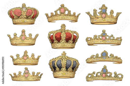 Collection of crowns from different historical periods displayed