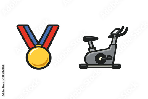 Medal and exercise bike on a plain background showing fitness goals