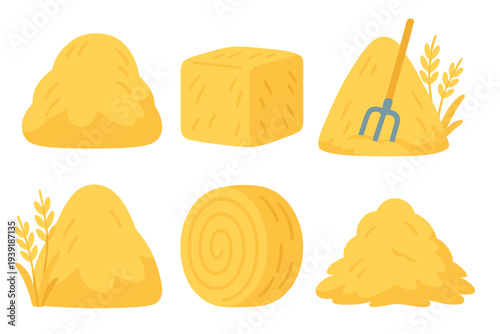 Different types of hay displayed in various shapes for agricultural