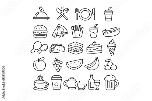 Different types of food and drink items drawn in simple style on a