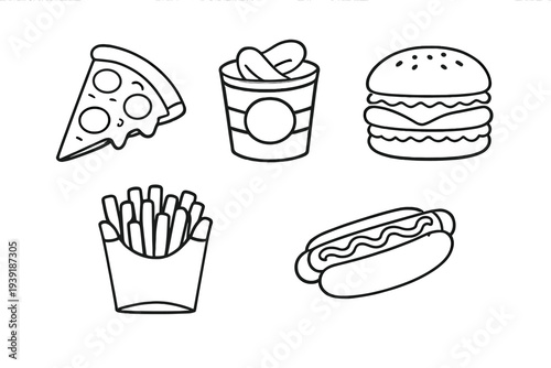 Different types of fast food items arranged together on a simple